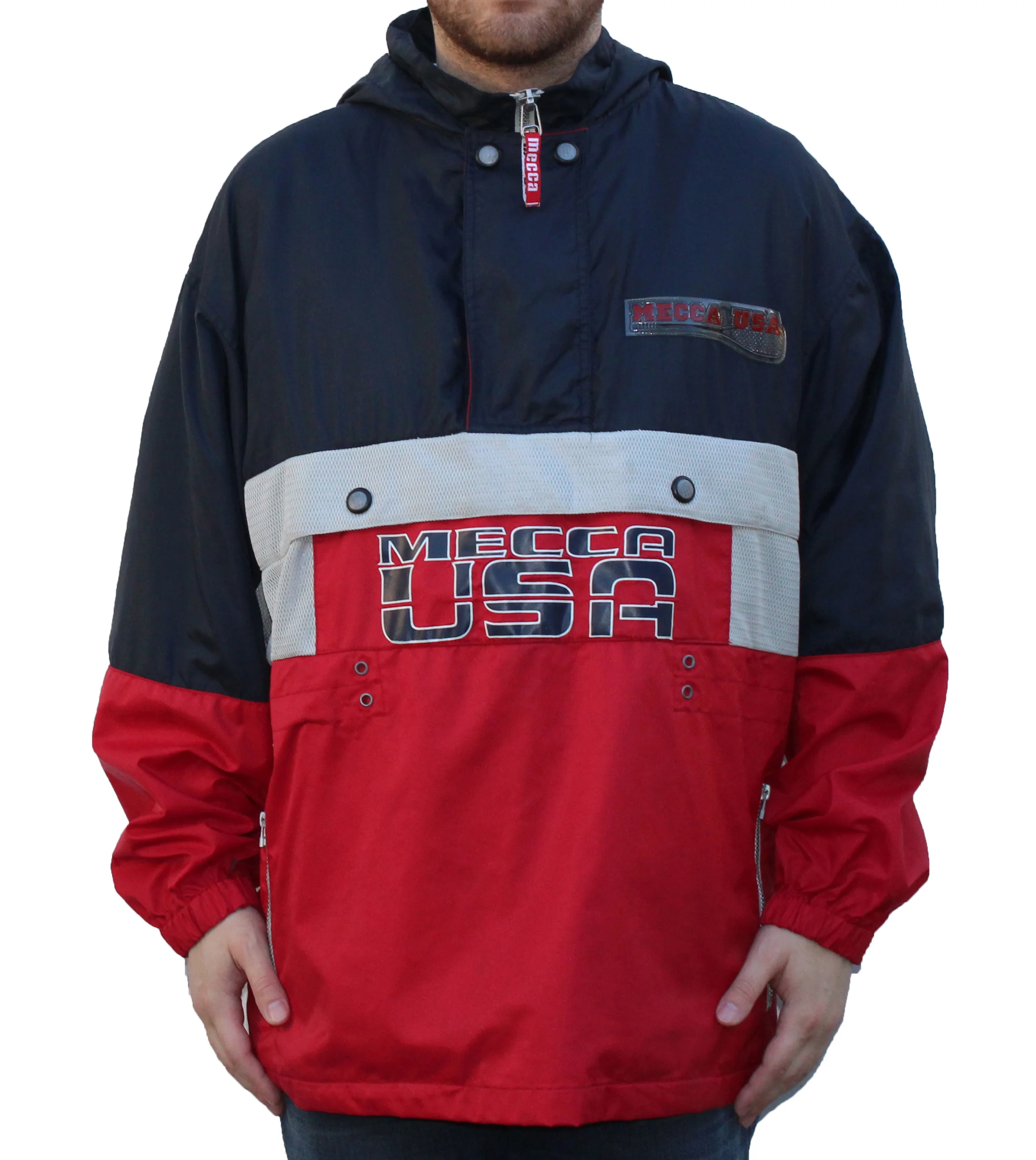 MECCA USA XL フード付きジャケット 黒/赤 vintage+Mecca+USA+90s+Jacket.